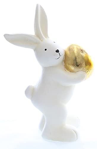 ETC putziger frühlingshafter Osterhase Keramik weiß matt mit goldenem Osterei (weiß Ei vorne) von ETC