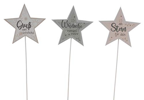 ETC weihnachtlicher Dekostecker Pick Stern am Stab Dekostern Holz in weiß-grau-Taupe mit etwas Glitzer und 3 verschiedenen Wünschen 3-er Set (15) von ETC