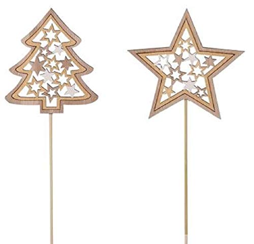 ETC weihnachtlicher Dekostecker Pick Stern und Tanne am Stab mit Sternenmuster aus Holz in braun-beige oder rot-beige (4, braun-beige) von ETC