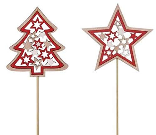 ETC weihnachtlicher Dekostecker Pick Stern und Tanne am Stab mit Sternenmuster aus Holz in braun-beige oder rot-beige (4, rot-beige) von ETC