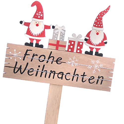 ETC weihnachtlicher stimmungsvoller Deko-Stecker Garten-Stecker Frohe Weihnachten mit 2 Wichteln und Geschenken Holz bemalt weiß rot von ETC