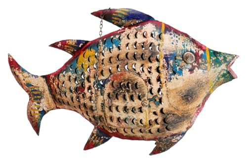 dekorative ausgefallene Metallfigur als Fisch in Shabby grün oder Shabby rot oder Shabby bunt als Windlicht zum Stellen und hängen in verschiedenen Größen (bunt) von ETC