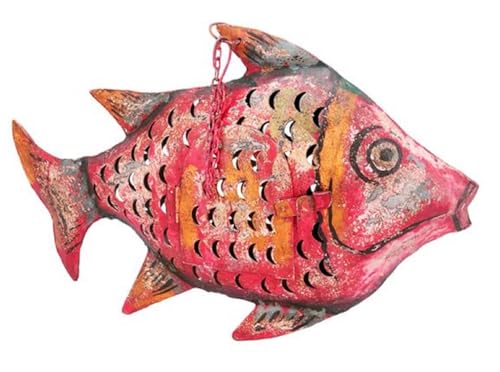 dekorative ausgefallene Metallfigur als Fisch in Shabby grün oder Shabby rot oder Shabby bunt als Windlicht zum Stellen und hängen in verschiedenen Größen (rot) von ETC
