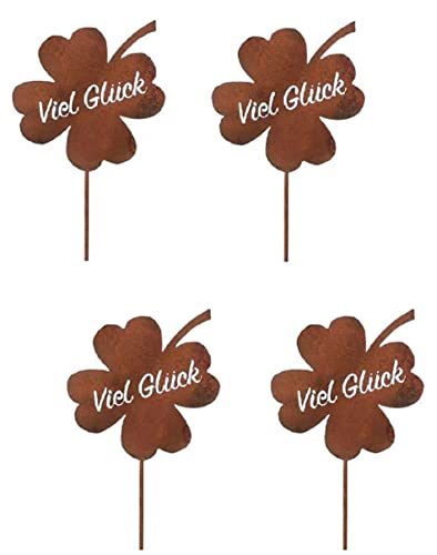 dekorativer Deko-Stecker Garten-Stecker Blumenpick Glücksklee VIEL GLÜCK als Flache Silhouette Metall rostig (Metall rostig 4 x) von ETC