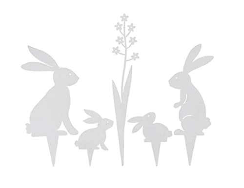 dekorativer Deko-Stecker Garten-Stecker Mini Pick Hasen und Blümchen Metall weiß Set 5 teilig von ETC