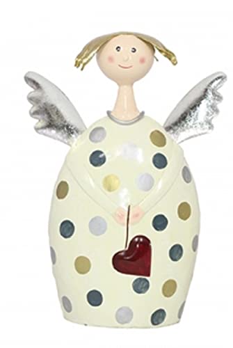 dekorativer Engel Lotta mit weinrotem Herzchen und silbernen Flügeln Metall handbemalt (Creme-Silber groß) von ETC