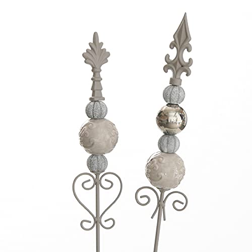dekorativer Gartenstecker Motiv Lilie Metall hellgrau mit Keramik - Kugelornamenten im 2-er Set in 2 möglichen Farbvarianten hellgrau - taupe - silber oder creme-hellrose - silber (hellgrau - taupe) von ETC