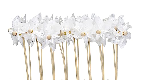 dekoratives kleines Windrad Windmühle auf Stab PVC weiß-transparent mit stilisiertem Blütenmuster als 4-er oder 8 -er Set (klein, weiß, 4) von ETC