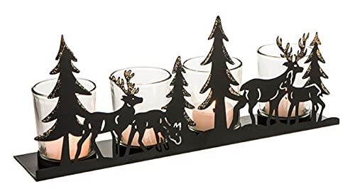 dekoratives winterliches Dekoobjekt Teelichthalter Hirsch Tanne aus Metall mit 4 Teelichtgläsern schwarz mit goldenem Glitzer von ETC