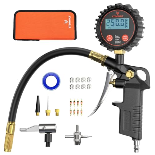 ETENWOLF T500 Digitaler Luftdruckprüfer, 0-17 Bar/250 PSI Reifenfüller Reifendruckprüfer, Kalibriert nach ANSI B40.7 Grade 2A, Luftdüse & Kompressorzubehör mit Aufbewahrungstasche ETENWOLF T500 Digitaler Luftdruckprüfer, 0-17 Bar/250 PSI Reifenfüller Reifendruckprüfer, Kalibriert nach ANSI B40.7 Grade 2A, Luftdüse & Kompressorzubehör mit Aufbewahrungstasche von ETENWOLF