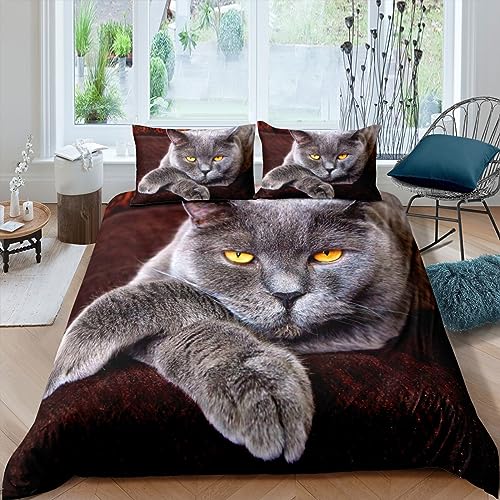 ETERIO Bettwäsche 135x200 3D Britische Kurzkatze Tier Bettwäsche Set Weich Bequem Mikrofaser Bettbezug mit 2 Kissenbezug 80x80 cm 3 Teiliger Bettbezüge Set für Kinder Jungen Mädchen von ETERIO