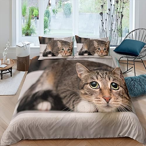 ETERIO Bettwäsche 155x220 Katze Sommer Bettwäsche Katze Muster Bettwaren Weich Bequem Mikrofaser Bettbezug mit 2 Kissenbezug 80x80 cm, Bettbezüge Set für Kinder Jungen Mädchen von ETERIO