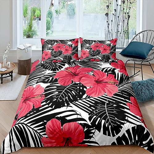 ETERIO Bettwäsche 200x200 Hibiskus Sommer Bettwäsche Hibiskus Muster Bettwaren Weich Bequem Mikrofaser Bettbezug mit 2 Kissenbezug 80x80 cm, Bettbezüge Set für Kinder Jungen Mädchen von ETERIO