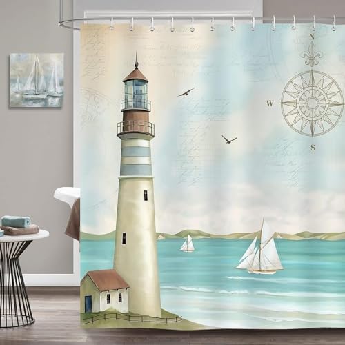 ETERIO Duschvorhang 120x200 Leuchtturm-Segelschiff, 3D Leuchtturm-Segelschiff Shower Curtains Textil Anti Schimmel Wasserdicht Duschvorhänge Badewanne Stoff Polyester Waschbar Vorhang mit 8 Haken von ETERIO