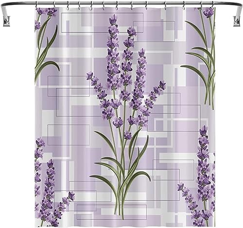 ETERIO Duschvorhang 120x200 Lila Lavendel, 3D Lila Lavendel Shower Curtains Textil Anti Schimmel Wasserdicht Duschvorhänge Badewanne Stoff Polyester Waschbar Vorhang mit 8 Haken von ETERIO