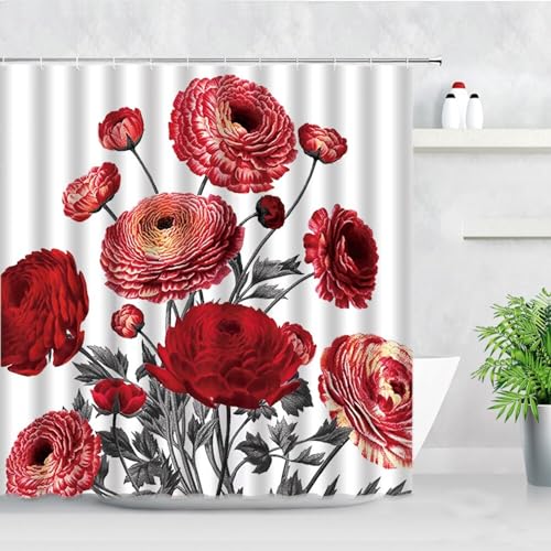 ETERIO Duschvorhang 180x200 Rote Blumen, 3D Rote Blumen Shower Curtains Textil Anti Schimmel Wasserdicht Duschvorhänge Badewanne Stoff Polyester Waschbar Vorhang mit 12 Haken von ETERIO