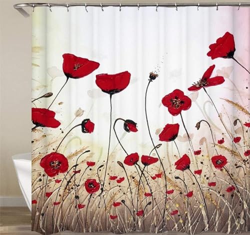 ETERIO Duschvorhang 200x200 Mohnblumen Rot, 3D Mohnblumen Rot Shower Curtains Textil Anti Schimmel Wasserdicht Duschvorhänge Badewanne Stoff Polyester Waschbar Vorhang mit 12 Haken von ETERIO