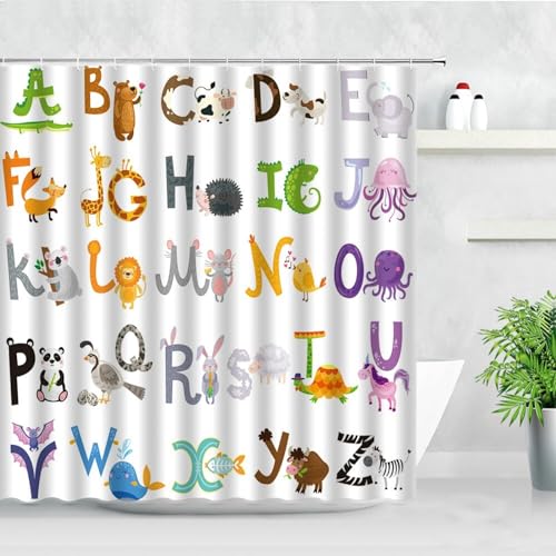 ETERIO Duschvorhang 200x200 Tieralphabet, 3D Tieralphabet Shower Curtains Textil Anti Schimmel Wasserdicht Duschvorhänge Badewanne Stoff Polyester Waschbar Vorhang mit 12 Haken von ETERIO