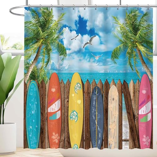 ETERIO Duschvorhang 240x200 Hawaii-Surfbrett, 3D Hawaii-Surfbrett Shower Curtains Textil Anti Schimmel Wasserdicht Duschvorhänge Badewanne Stoff Polyester Waschbar Vorhang mit 12 Haken von ETERIO