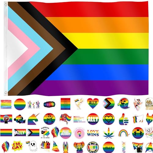 ETHOON Progress Pride Flagge 90 x 150 cm LGBTQ Pride Month Zubehör Gay LGBT Community Support Gay Pride Regenbogen Flagge Banner Dekorationen für Paraden Party mit 60 Stikern von ETHOON