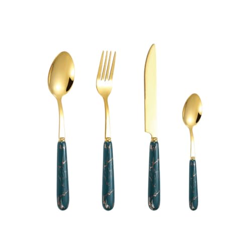 ETHORY Exquisit 4 stücke Keramik Edelstahl Besteck Marmor Muster Griff Messer Gabel Löffel Küche Gold Besteck Set Mehrweg Geschirr komfortabel von ETHORY