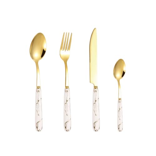 Exquisit 4 stücke Keramik Edelstahl Besteck Marmor Muster Griff Messer Gabel Löffel Küche Gold Besteck Set Mehrweg Geschirr komfortabel von ETHORY