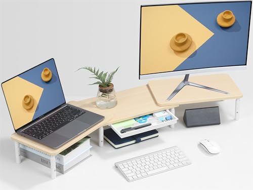 ETHU Dual Monitor Ständer, Höhenverstellbare Bildschirmerhöhung für 2 Monitore, Verstellbarer Monitor Stand mit Schublade & Telefonhalter, Monitorerhöhung Längen- & Winkelverstellung von ETHU