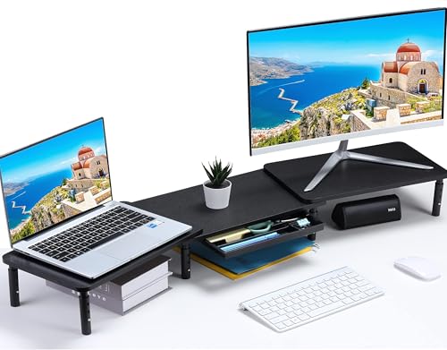 ETHU Dual Monitor Ständer, Höhenverstellbare Bildschirmerhöhung für 2 Monitore, Verstellbarer Monitor Stand mit Schublade & Telefonhalter, Monitorerhöhung Längen- & Winkelverstellung von ETHU