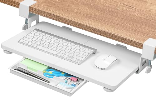 ETHU Tastaturauszug, Ausziehbarer Tastaturablage 50x30 cm mit C-Klemmhalterung, Untertischmontage Tastaturständer, Ausfahrbarer 360° Drehbarer Ergonomischer Tastaturständer für Zuhause & Büro (Weiß) von ETHU