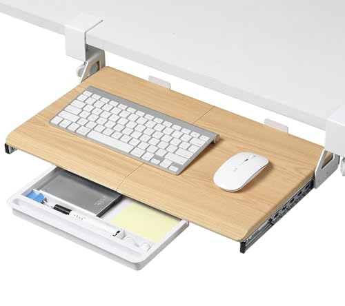 ETHU Kleine Tastaturablage unter dem Schreibtisch, 500 x 300 mm, ergonomische Tastaturablage mit C-Klemmhalterung, Standfest Schiebbarer Tastaturständer, Oak von ETHU