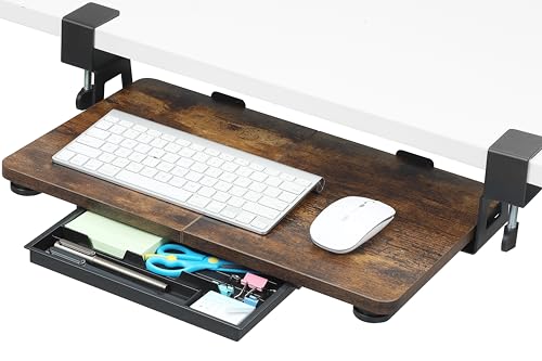 ETHU Tastaturablage mit C-Klemme, Ausziehbarer Tastaturablage 50x30 cm, Untertischmontage Tastaturständer, Ausfahrbarer 360° Drehbarer Ergonomischer Schiebe-Tastaturhalter für Zuhause & Büro (Wulnut) von ETHU