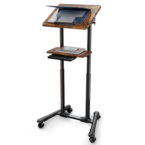 ETHU Stehpult Höhenverstellbar, Mobiler Laptop-Schreibtisch mit Kippbarem Tisch und Schubladen, Höhenverstellbarer Schreibtisch mit Rollen, Präsentationswagen für Büro & Home, inkl. Tassenhalterung von ETHU