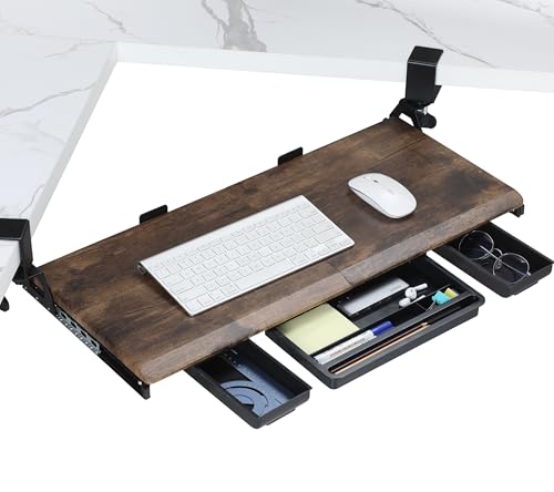 ETHU Tastaturablage unter dem Schreibtisch 680 x 300 mm, Ausziehbare Tastaturablage mit 180° Verstellbarer C-Klemme für L-förmigen Schreibtisch, Computer-Tastaturständer für Zuhause und Büro,Walnut von ETHU