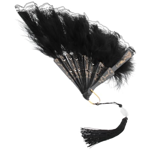 ETHZZLE Vintage Klappfächer mit Schwarzer Spitzen Federgarnitur Eleganter Handfächer für Braut Tanz und Festlichkeiten Robustes Vielseitiger Orientalischer Fächer für Hochzeit und Party von ETHZZLE