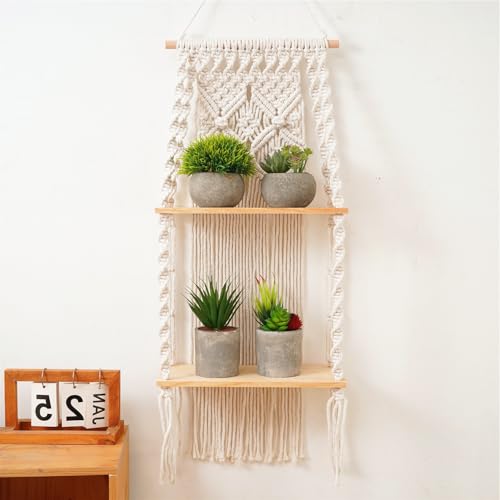 ETOFIXEE Makramee Regal,Boho Regal,Handgewebte Schweberegal Doppelschicht,Boho Wandregal für Wohnzimmer,Schlafzimmer,Balkon,Flur von ETOFIXEE