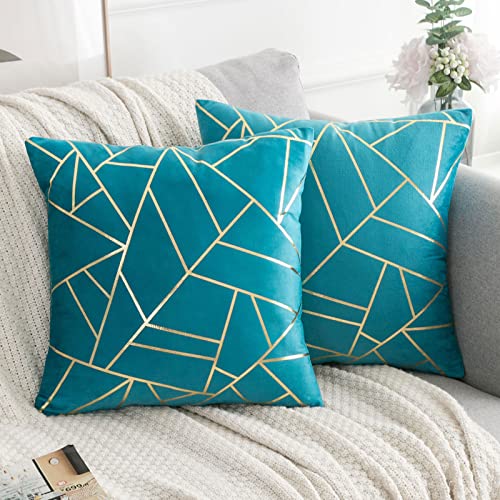 ETOLISHOP 16 x 16 Teal Kissenbezüge Samt Wurf Kissenbezug Türkis und Gold Dekoratives geometrisches Kissen für Sofa Couch Wohnzimmer von ETOLISHOP