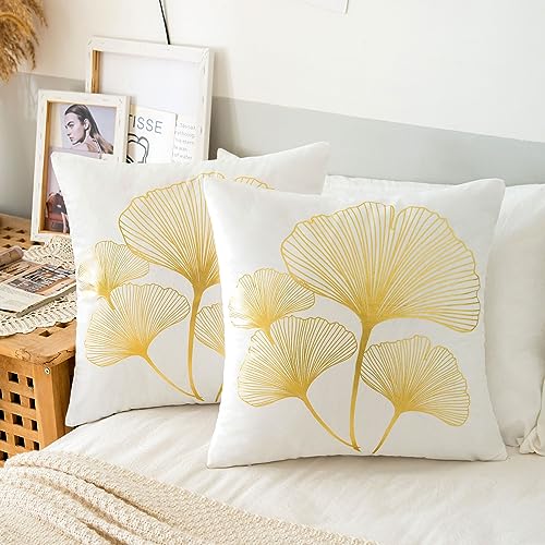 ETOLISHOP 2er Set Kissenbezug 50x50 Weiß Kissenbezug Samt Kissenbezug Gold Ginkgo Biloba Muster Kissenhülle Zierkissenbezug Sofakissen Couchkissen Dekokissen für Wohnzimmer Schlafzimmer Home Decor von ETOLISHOP