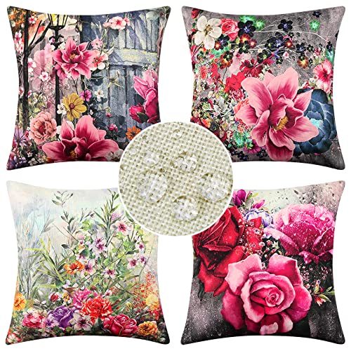 ETOLISHOP Kissenbezug 45x45 4er Set Rosa Blumen Outdoor Wasserdicht Leinen Kissen Dekokissen Quadratische Kissenbezüge Dekorative Sofakissen für Sofa Cafe Schlafzimmer Wohnzimmer Auto Garten von ETOLISHOP