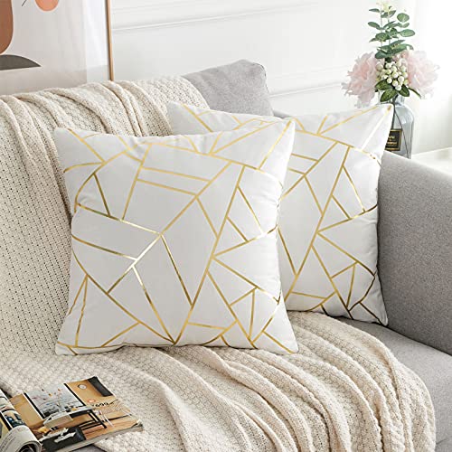 Kissenbezug Weiß Kissenbezug Samt Kissenhülle 50x50cm Deko Kissenbezüge Dekokissen Quadratische Dekorative Gold Linien Geometrie für Sofa Schlafzimmer Outdoor Zierkissen Bezug 2er Set von ETOLISHOP