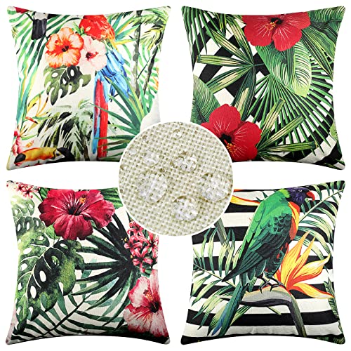 Kissenbezug 50x50 Grün 4er Set Leinen Kissenbezug Outdoor Wasserdichte Kissenhülle Grüne Pflanzen Bunte Blumen Kissenbezüge Sofakissen Dekorative Couchkissen Bezug für Sofa Balkon Patio Garten von ETOLISHOP