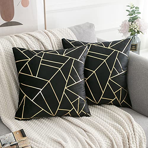 Kissenbezug 50x50 Schwarz Kissenbezug Samt Kissenbezug Gold Geometrie Dekokissen Kissenhülle Zierkissenbezug Sofakissen Couchkissen Dekorative Kissen für Wohnzimmer Schlafzimmer Home Decor 2er Set von ETOLISHOP