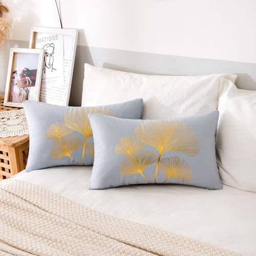 ETOLISHOP Kissenbezug Grau 30x50cm Kissenbezüge Samt Kissenbezug Gold Ginkgo Biloba Blätter Kissenbezug Set Zuhause Dekoration Kissenbezug Kissenhülle Zierkissenbezüge für Sofa Wohnzimmer 2er Set von ETOLISHOP