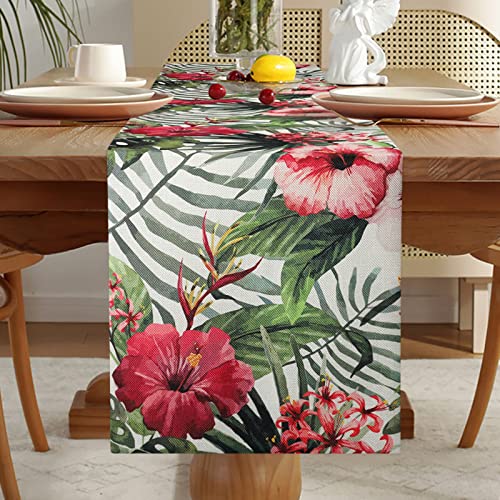 Tischläufer Frühling Grünes Blatt Tischläufer Tropisches Palme Rosa Blumen Muster Tischläufer Esszimmer Tischdecke Dekoration für Küche Rechteckiger Dekorativer Tischläufer Frühling/Sommer 33x183cm von ETOLISHOP