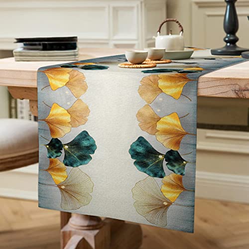 Tischläufer Gold Tischdecke Blau Grün Tischsets Modern Wohnzimmer Tischwäsche Leinen Petrol Gelb Ginkgo Matte Küche Tischläufer für Picknick Hochzeit Herbst Winter Esstisch Dekor 40x140cm von ETOLISHOP