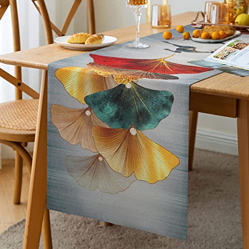 Tischläufer Herbst Winter Petrol Tischläufer Dekoration Gold Gelb Tischdecke Wohnzimmer Tischläufer Landhausstil Rot Braun Grün Ginkgo Biloba Table Runner für Drinnen Draußen Esstisch Dekor 33x183cm von ETOLISHOP