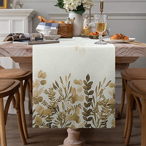 Tischläufer Modern Wohnzimmer Tischsets Leinen Gelb Eukalyptus Braun Laub Tischdecke Dekoration Läufer Tischband rutschfest Esstisch Tischmatten für Party Picknicks im Freien Esstisch Dekor 33x183cm von ETOLISHOP