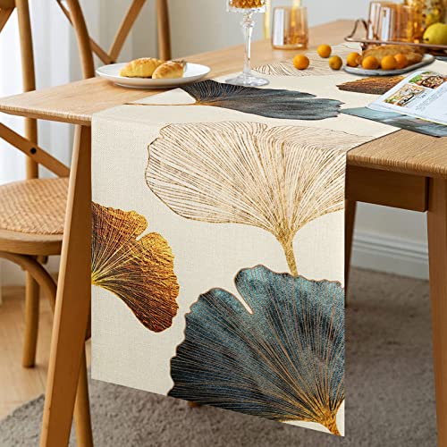 Tischläufer Modern Frühling Tischläufer Sommer Tischläufer Dekoration Türkis Gold Grün Ginkgo Biloba Muster Tischdecke Wohnzimmer Tischwäsche für Drinnen und Draußen Tischläufer Leinen 40x140cm von ETOLISHOP