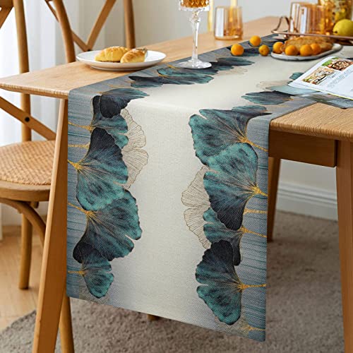 Tischläufer Modern Wohnzimmer Dekor Tischdecke Blau Grün Petrol Gold Ginkgo Biloba Vintage Muster Tischläufer Küche Esstisch Tabletop Dekor Tischdecke für Esszimmer Dekoration Tischdeko 33x183cm von ETOLISHOP