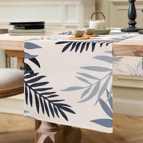 Tischläufer Modern Wohnzimmer Tischläufer Abwaschbar Tischläufer Grau Blau Tischläufer Navy Blau Blätter Muster Tischläufer Küche Esstisch Tabletop Dekor für Esszimmer Dekoration Tischdeko 33x183cm von ETOLISHOP