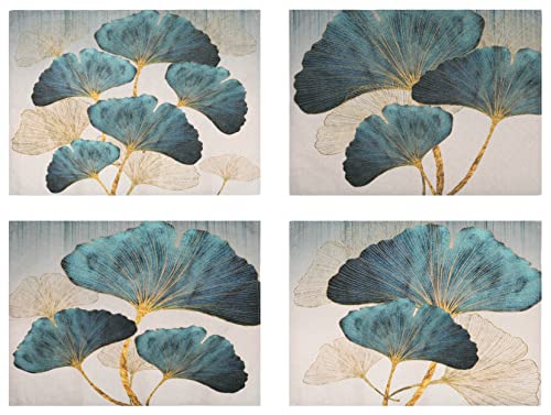 Tischsets Café Esstisch Platzsets Farmhouse Petrol Gold Ginkgo Biloba Muster Waschbare Platzset Esszimmer Leinen Türkis Platzmatten Tischdekorations Platzdeckchen 45x32cm von ETOLISHOP